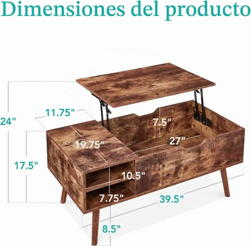 Vista 2 de Best Choice Products Mesa auxiliar elevable, mesa de centro multifuncional de madera de mediados de siglo para sala de estar con almacenamiento