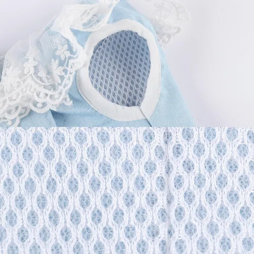 Vista 5 de Vestido de mezclilla para perro con anillo para correa, falda de princesa de malla de encaje con lazo para cachorro, ropa de moda para mascotas