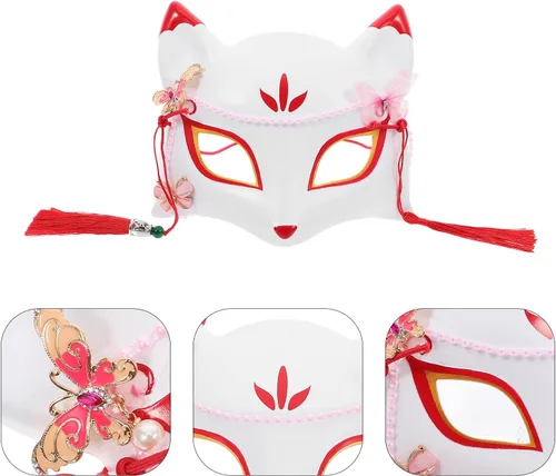 Vista 6 de SEWACC Máscaras tradicionales japonesas, máscara de zorro de anime japonés, zorro, cosplay, Kabuki, media cara para Halloween, fiesta de máscaras