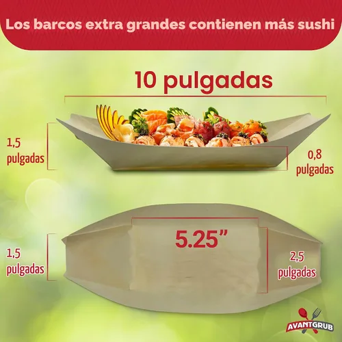 Vista 5 de Paquete de 25 botes de sushi biodegradables extra grandes de 10 pulgadas. Platos de aperitivo 100% desechables. Bandejas de alimentos de madera