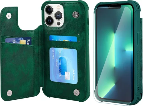 Vista 13 de VANAVAGY Funda tipo cartera compatible con iPhone 13 Mini para mujeres y hombres, funda de piel sintética con tapa para teléfono compatible con Negro