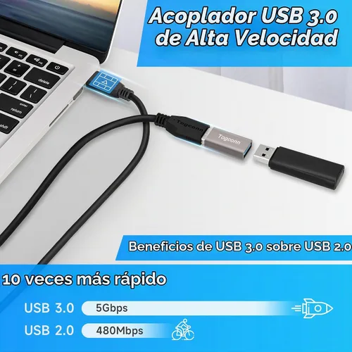 Vista 3 de Paquete de 2 acopladores USB, carcasa de aluminio USB 3.0 tipo A hembra a hembra, compatible con transferencia de datos de 5 Gbps y carga rápida USB