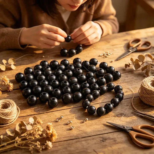 Vista 2 de Decoendiy 100 cuentas de madera para manualidades, cuentas redondas de madera de 0.630 in, cuentas de madera naturales pulidas de granja, cuentas