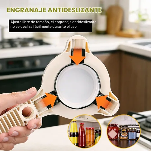 Vista 4 de Abrebotellas multiusos 4 en 1 para manos débiles, abridor de botellas ajustable de tres garras con dientes antideslizantes, abridor de tapas de 1
