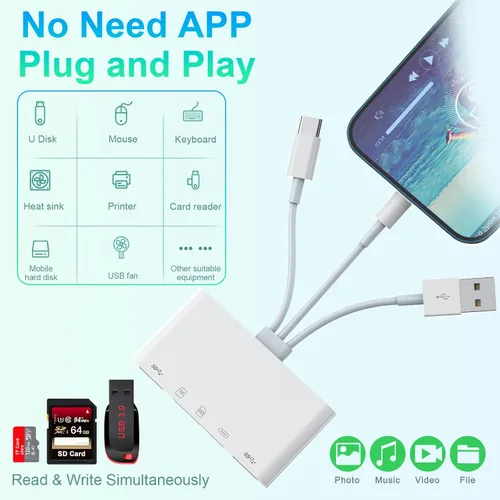 Vista 5 de Multi 5 en 1 Lightning+Tipo C+USB A lector de tarjetas para iPhone/iPad/Android/Mac Book/Computadora/Tablet/Cámara/Disco duro/Unidad Flash