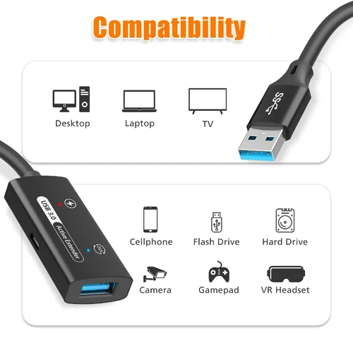 Vista 6 de AGVEE Cable de extensión activo USB 3.0 de 66 pies / 65.6 ft, USB3.0 macho a hembra, extensor de señal ultra largo, cable de refuerzo de señal