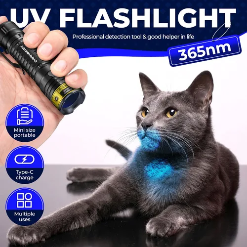 Vista 2 de DARKBEAM Linterna UV 365 nm Luz Negra LED, Mini pero Potente Lámpara de Bosque Recargable Ultravioleta USB -C, Detector de Orina de Mascotas