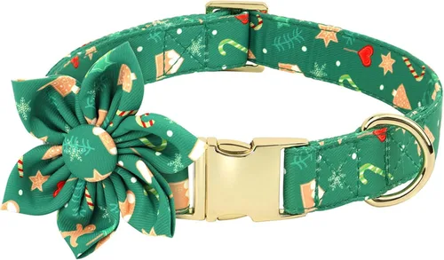 Vista 5 de Beirui Lindo collar de Navidad para perro hembra con flor, collares de perro con patrones navideños, collar rojo suave para mascotas ajustable