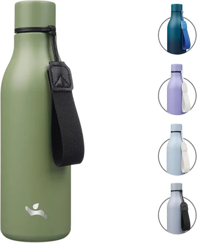 Vista 28 de Konokyo Botella de agua aislada con correa, botella de agua de acero inoxidable de 18 onzas de doble pared con aislamiento al vacío, frasco de Verde