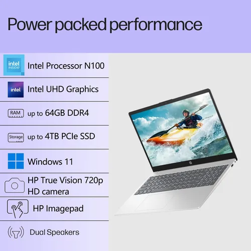 Vista 2 de HP 15.6" FHD Laptop, Intel N100 Processor, Customized 16GB RAM, 256GB NVMe SSD, WiFi 6, Bluetooth 5.3, Windows 11 Home, Natural Silver
