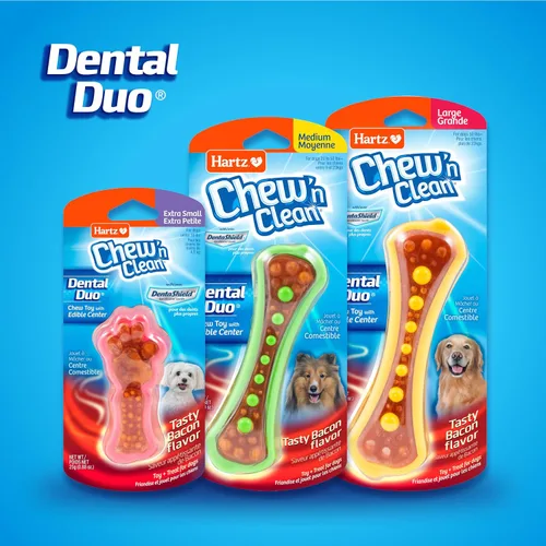 Vista 6 de Hartz Chew 'n Clean Dental Duo Juguete masticable y comestible para perros, color varía, grande, paquete de 3