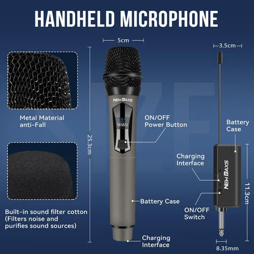 Vista 6 de NEW BAXS Micrófonos inalámbricos, sistema de micrófono dual de karaoke, Microfonos Inalambricos con receptor recargable, juego de micrófono dinámico