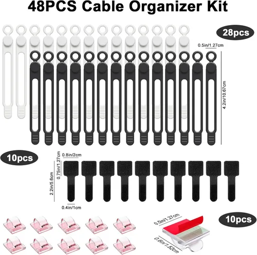 Vista 3 de Kit organizador de cables de 48 piezas, bridas de silicona reutilizables, clips adhesivos fuertes para gestión de cables, gestión de cables