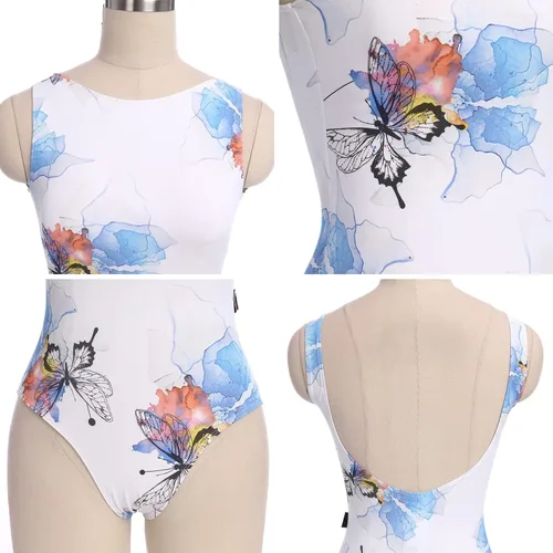 Vista 48 de AFAVOM Leotardos de ballet para mujeres adultas con estampado de flores de mariposa sin espalda, leotardos de gimnasia con brasier y prácticas