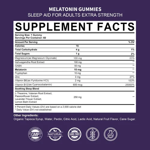 Vista 2 de Gomitas de melatonina 10 mg 20 mg para adultos, melatonina 10 mg por gomita con Ashwagandha, glicinato de magnesio, GABA, L-teanina, raíz