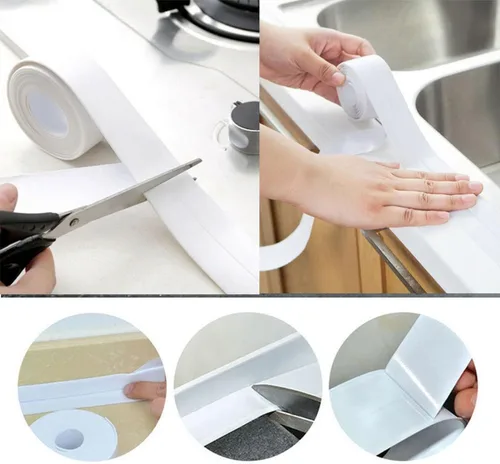 Vista 6 de Queenbox Cinta selladora de cinta de calafateo de 0.8 x 39.4 pulgadas, cinta de sellado autoadhesiva impermeable para protector de borde de Beige