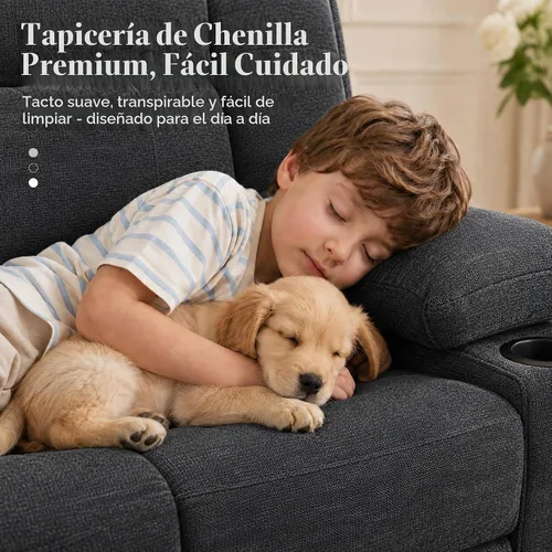 Vista 5 de GUEAPY Sofá reclinable manual grande de 3 plazas – Sofá reclinable de chenilla con portavasos, asiento ancho, fácil montaje y tela resistente a Negro