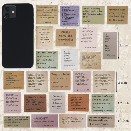 Vista 6 de LakoArt 120 Piezas Calcomanías de Citas Motivacionales Estilo Máquina de Escribir Retro No Repetitivas, Calcomanías Inspiradoras Vintage