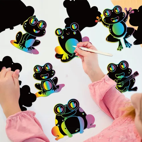 Vista 5 de HubirdSall 60 piezas de ranas funky Scratch Art para niños, primavera y verano, rana de color mágico, manualidades de Pascua, kit de adornos