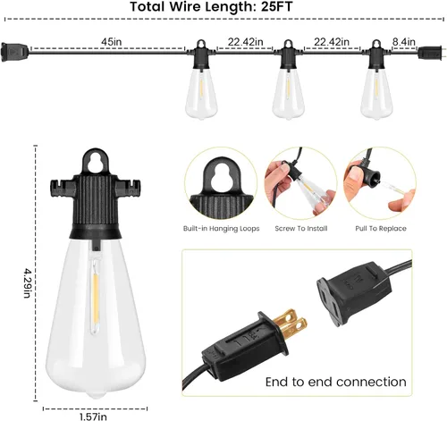 Vista 6 de Zuske Cadena de luces para exteriores de 25 pies, luces LED colgantes para patio con 12 bombillas inastillables, luces impermeables