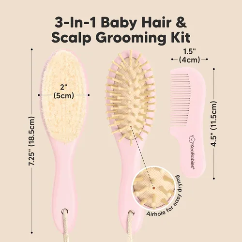 Vista 2 de Juego de cepillo y peine para cabello de bebé para recién nacidos - Juego de cepillos de madera para cabello de bebé con cerdas suaves de cabra