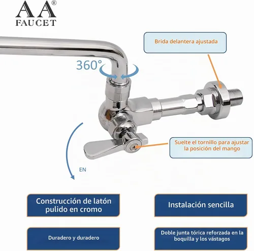 Vista 3 de Grifo de rango Wok manual comercial de montaje en pared individual con caño giratorio de 14 pulgadas, construcción de latón cromado pulido