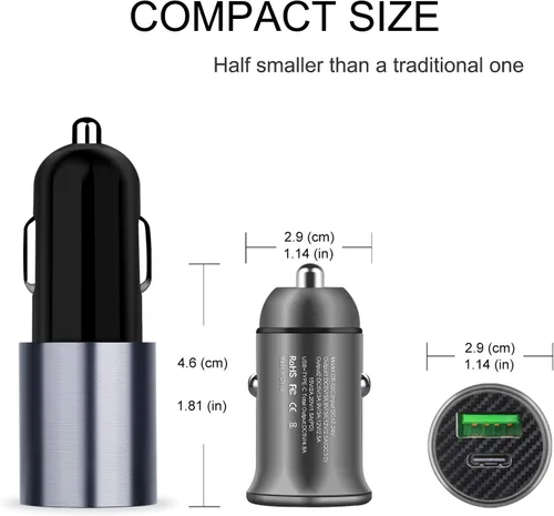 Vista 5 de Cargador de coche USB C Encendedor de carga rápida: Adaptador de coche PD y QC 3.0 de 30 W - Bloque de puertos dobles compatible con iPhone, i-Pad