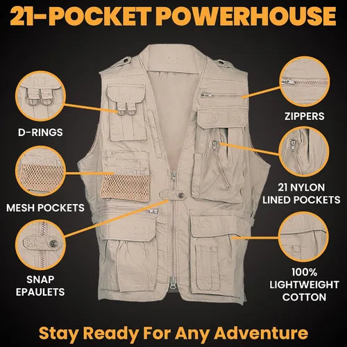 Vista 11 de Humvee - Chaleco utilitario con 21 bolsillos, para viajes, safari, caza, camping, 100% algodón, chaqueta táctica para hombres y mujeres