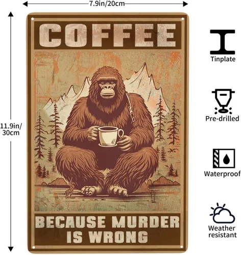Vista 3 de HORSESBLANKET Póster de metal vintage con texto en inglés «Bigfoot», letrero retro de aluminio con texto en inglés «Because Murder Is Wrong»