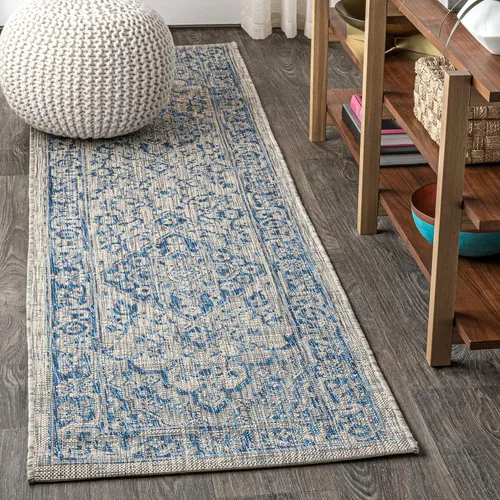 Vista 10 de JONATHAN Y Alfombra bohemia con medallón para interiores y exteriores, 2 x 8 pies, color gris/negro, tejido texturizado Rozetta para patio trasero