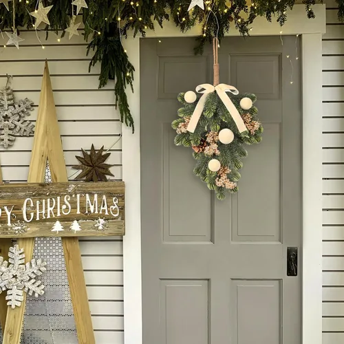 Vista 7 de Super Holiday - Decoraciones de Navidad, 2 piezas de coronas de puerta delantera de plantas verdes artificiales colgantes con lazo