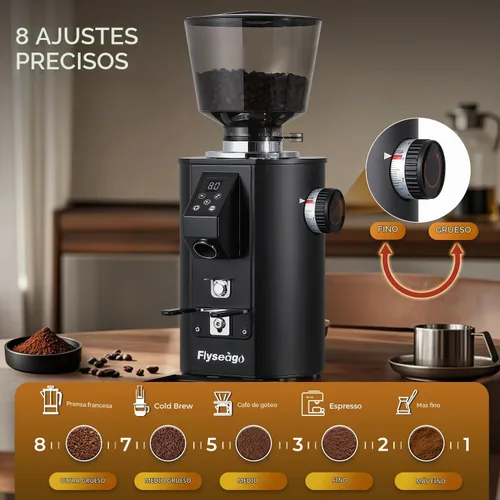 Vista 2 de Molinillo de café comercial resistente, rebabas planas SS de 2.520 in, 8 ajustes precisos, control de botón, tolva de 35 onzas, uso comercial