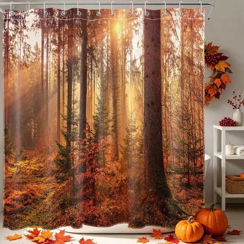 Vista 60 de HVEST Cortina de ducha con ganchos, calabaza espeluznante y fantasma con sombrero de bruja negro, juego de cortina de ducha naranja con flores