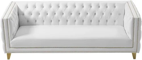 Vista 6 de Meridian Furniture 651White-S Colección Michelle Moderna Sofá contemporáneo con botones profundos, ribete dorado de cabeza de clavo y patas