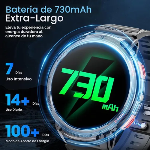 Vista 2 de Reloj Inteligente Militar para Hombres Pantalla Táctil HD de 1.85" Batería de 730mAh Relojes Inteligentes con Linterna LED para Android iOS