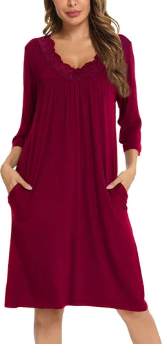 Vista 3 de YYA Nightgowns for Women 34 Sleeve Sleepwear Lace Comfy Sleep Gowns Pleated V Neck Plus Size Nightshirt S-4XL