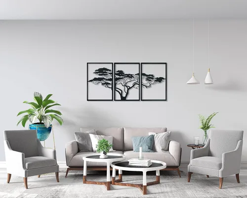 Vista 7 de Arte de pared de metal árbol de África, arte de pared de metal árbol de la vida, 3 piezas grandes de árbol de metal, arte para decoración del hogar