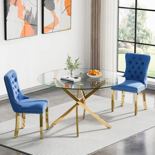 Vista 85 de Juego de mesa de comedor SSLine moderno de 3 piezas con mesa redonda de vidrio para 2, lujosa mesa de comedor circular de 36" con tapa de vidrio