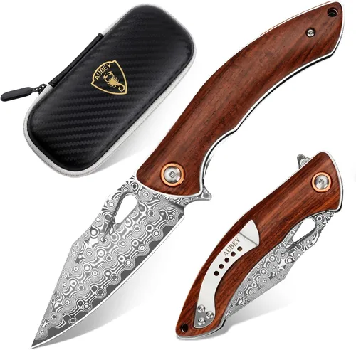 Vista 12 de Cuchillo de bolsillo plegable de Damasco AUBEY hecho a mano con clip para hombres, cuchillo de caza de Damasco EDC con bloqueo de vástago para Mango