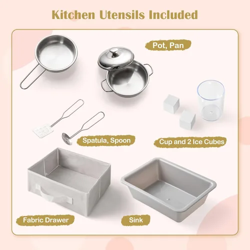 Vista 8 de INFANS Juego de cocina para niños, juego de juguetes de cocina de madera para niños pequeños con tablero de dibujo acrílico, máquina de hielo