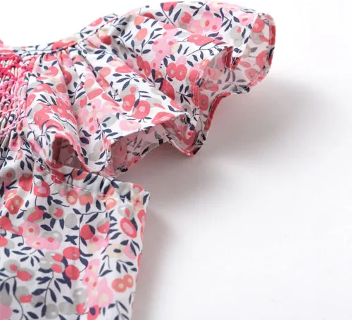 Vista 6 de Simplee kids Vestido fruncido de verano para niña, vestido casual de manga corta, estampado floral, vestido de princesa para niños pequeños