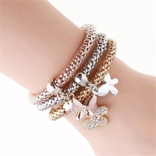 Vista 2 de SILANER Pulseras multicapa con dijes de cristal, 3 unidades, oro y plata, oro rosa, pulsera elástica en forma de corazón para mujer, árbol de la vida