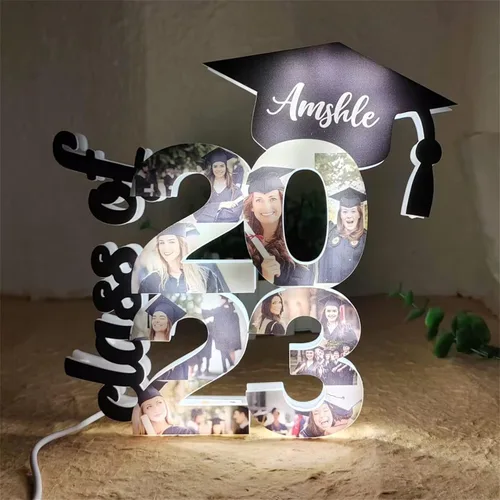 Vista 11 de Luces de pared personalizadas para collage de fotos de 1 a 10 años, gorra de graduación, luz acrílica, decoraciones de temporada de graduación