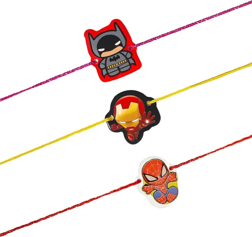Vista 5 de Juego de 3 superhéroes Rakhi para hermano pequeño y hermana Rakhi de lujo para pequeño Bhai Bro Rakhi hilo RNJ0042, Algodón, No es una piedra