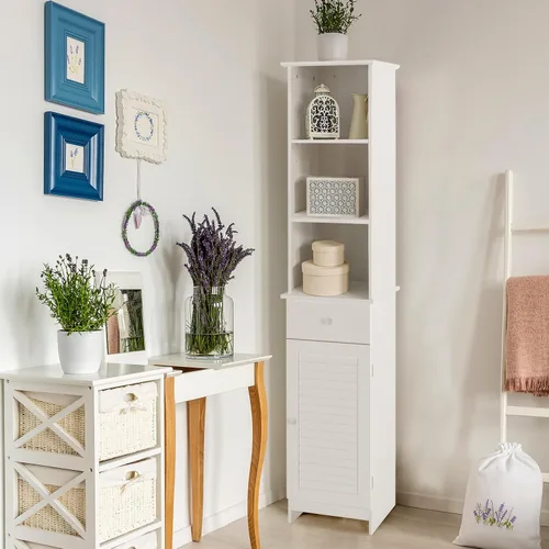 Vista 2 de MAT EXPERT Armario alto de baño, armario de almacenamiento independiente con estante y cajón de 3 niveles, torre estrecha de lino para baño