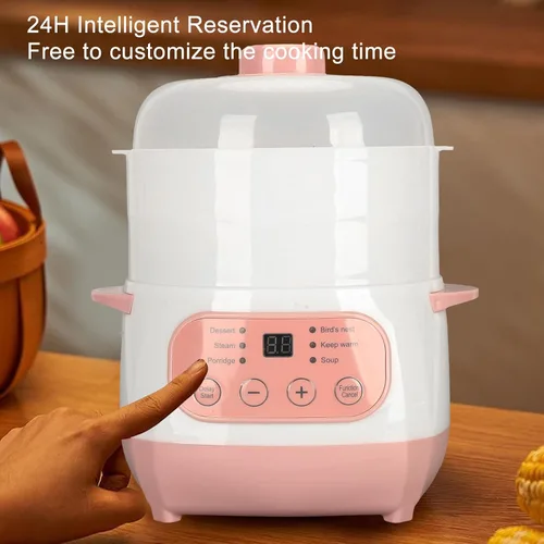 Vista 5 de Olla eléctrica para estofado, 1 litro, 200 W, temporizador de citas, olla de cocción lenta inteligente con vaporizador y hervir seco, mini olla