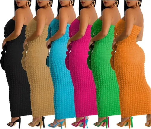 Vista 5 de Vestido sexy de palomitas de maíz con hombros descubiertos para mujer, vestido largo con cordones en la parte delantera, sin tirantes, ajustado