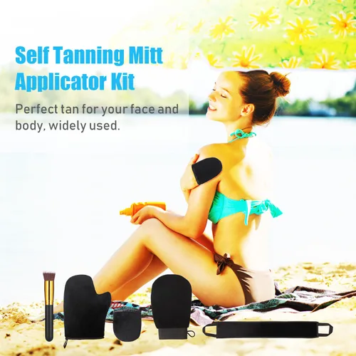 Vista 6 de Boao Kit de 5 aplicadores de manopla autobronceadora, incluye guante de bronceado, guante exfoliante, mini guante facial, aplicador de loción