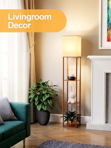 Vista 6 de Lámpara de pie con estantes para sala de estar color marrón nogal, lámpara de pie con estante con bombilla LED de 3 CCT, lámpara de columna de pie