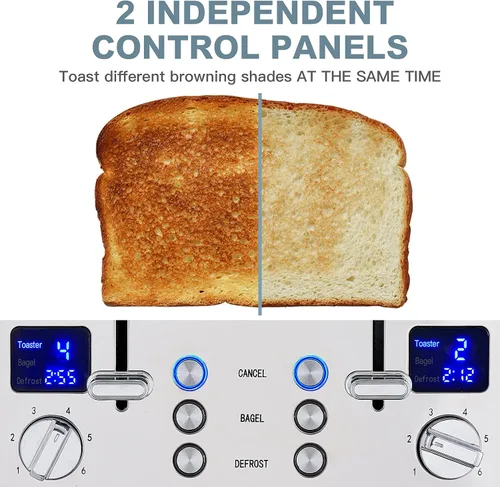Vista 2 de CUSIMAX Tostadora de 4 rebanadas, pantalla LED ultra clara y ranuras extra anchas, tostadora de acero inoxidable con paneles de control dobles de 6